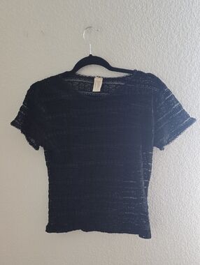 Black Lace Short-Sleeve Tee - Feminine Layering Top